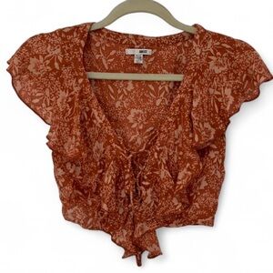 Amuse Society Ruffle Orange Boho Floral Print Short Sleeve Crop Top